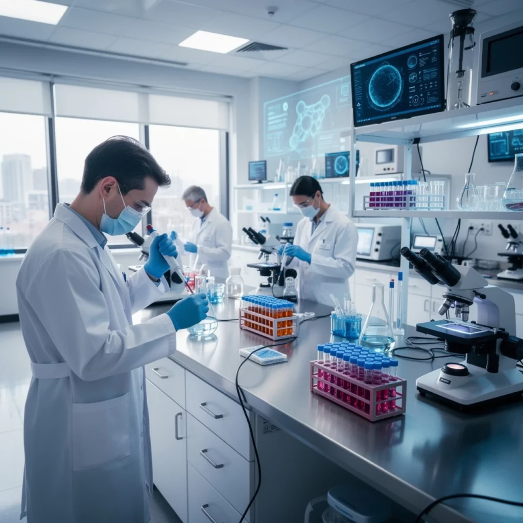 Scientists Conducting Peptide Experiments In Modern Laboratory