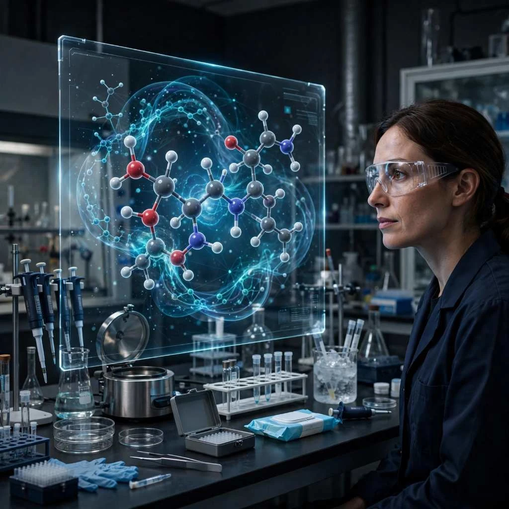 Scientist Analyzing Holographic Peptide Structure