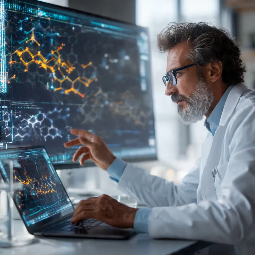 Scientist Analyzing Peptide Structure On Digital Display