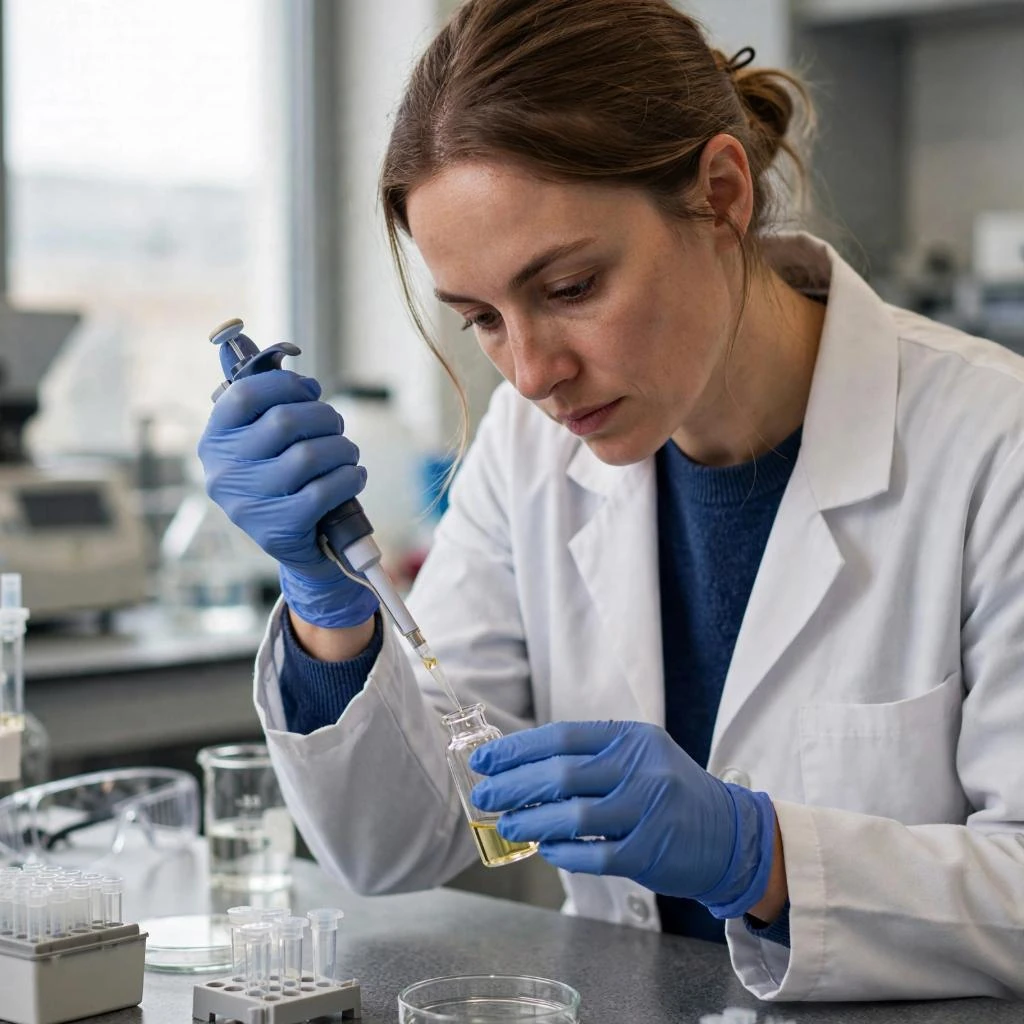 Female Researcher Pipetting Peptide Solution For Research