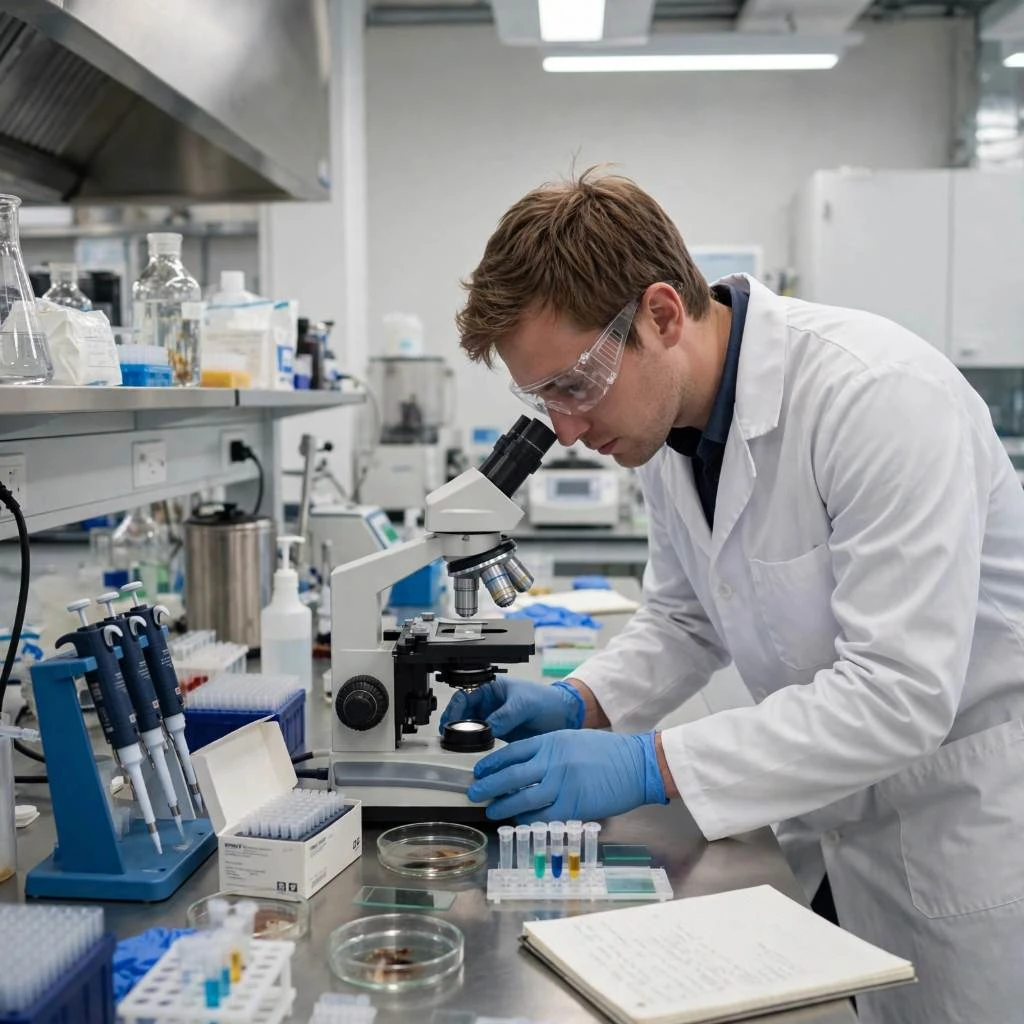 Biologist Observing Petri Dishes Under Microscope