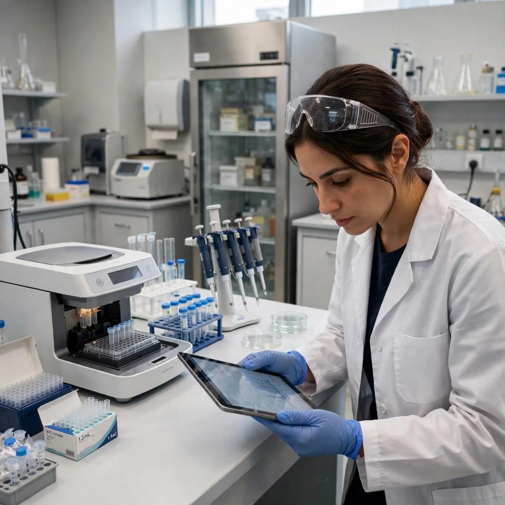 Researcher Analyzing PCR Machine Results Digitally